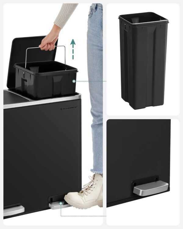SONGMICS Cos de gunoi din inox cu 2 compartimente colectare selectiva, cu galeti interioare, 2x24 litri, negru - imagine 4