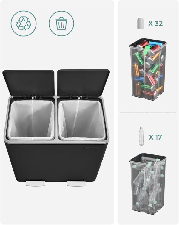 SONGMICS Cos de gunoi din inox cu 2 compartimente colectare selectiva, cu galeti interioare, 2x24 litri, negru - imagine 6