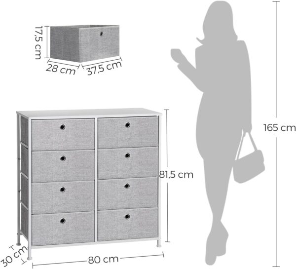 SONGMICS Comoda cu 8 sertare din material textil, cadru metalic si blat MDF, 80x30x81 cm, gri si alb - imagine 2