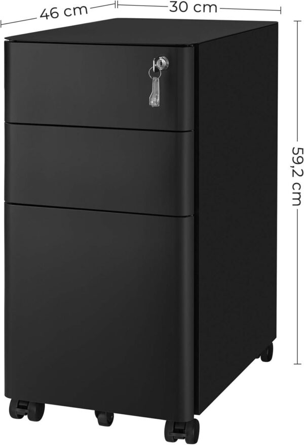 SONGMICS Dulap birou rollbox, cu 3 sertare si roti, corp metalic preasamblat cu incuietoare, pentru documente A4, 46x30x59 cm, negru - imagine 2
