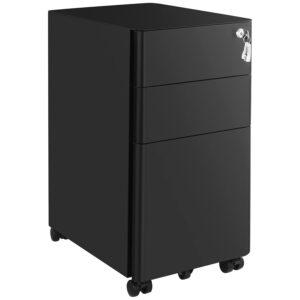 SONGMICS Dulap birou rollbox, cu 3 sertare si roti, corp metalic preasamblat cu incuietoare, pentru documente A4, 46x30x59 cm, negru