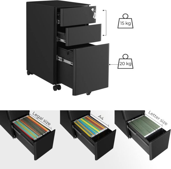 SONGMICS Dulap birou rollbox, cu 3 sertare si roti, corp metalic preasamblat cu incuietoare, pentru documente A4, 46x30x59 cm, negru - imagine 7