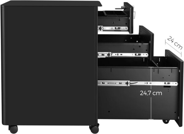 SONGMICS Dulap birou rollbox, cu 3 sertare si roti, corp metalic preasamblat cu incuietoare, pentru documente A4, 46x30x59 cm, negru - imagine 8