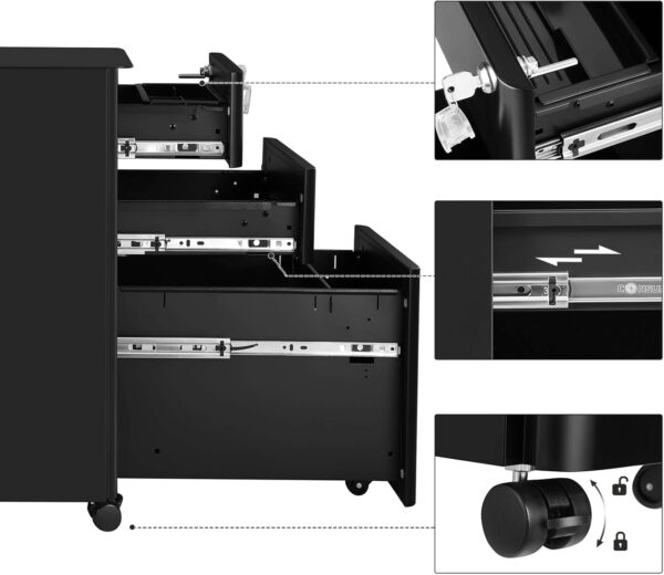 SONGMICS Dulap birou rollbox, cu 3 sertare si roti, corp metalic preasamblat cu incuietoare, pentru documente A4, 46x30x59 cm, negru - imagine 4