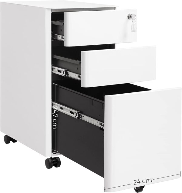 SONGMICS Dulap birou rollbox, cu 3 sertare si roti, corp metalic preasamblat cu incuietoare, pentru documente A4, 46x30x59 cm, alb - imagine 2