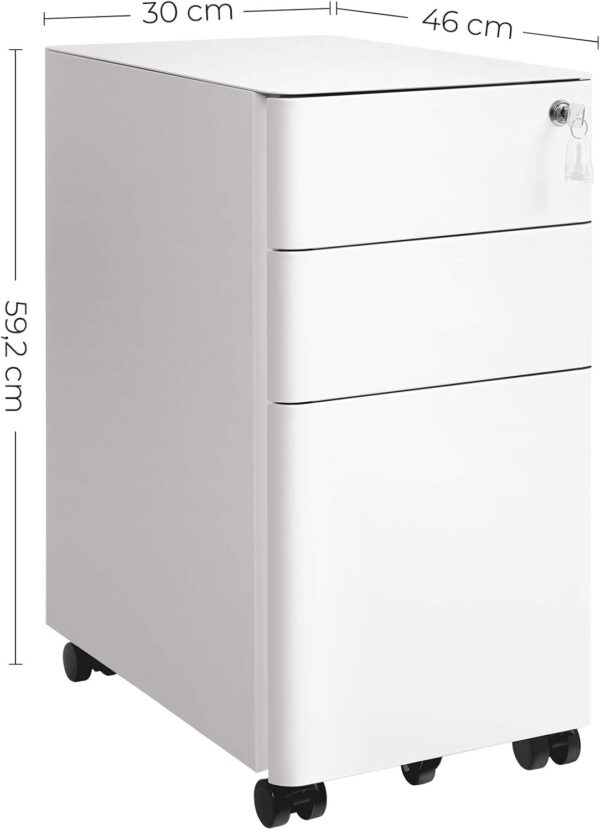 SONGMICS Dulap birou rollbox, cu 3 sertare si roti, corp metalic preasamblat cu incuietoare, pentru documente A4, 46x30x59 cm, alb - imagine 3