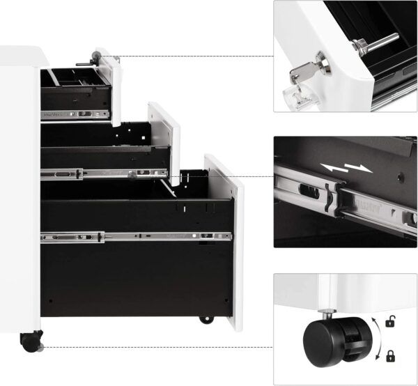 SONGMICS Dulap birou rollbox, cu 3 sertare si roti, corp metalic preasamblat cu incuietoare, pentru documente A4, 46x30x59 cm, alb - imagine 4