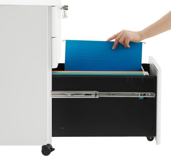 SONGMICS Dulap birou rollbox, cu 3 sertare si roti, corp metalic preasamblat cu incuietoare, pentru documente A4, 46x30x59 cm, alb - imagine 5