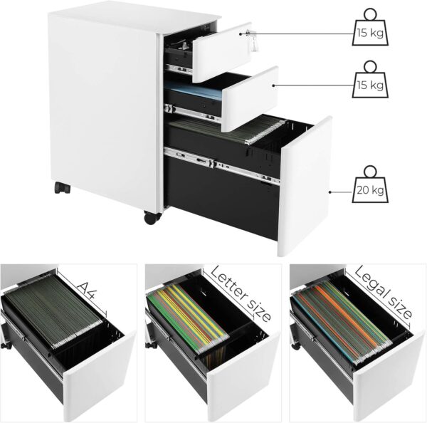SONGMICS Dulap birou rollbox, cu 3 sertare si roti, corp metalic preasamblat cu incuietoare, pentru documente A4, 46x30x59 cm, alb - imagine 8