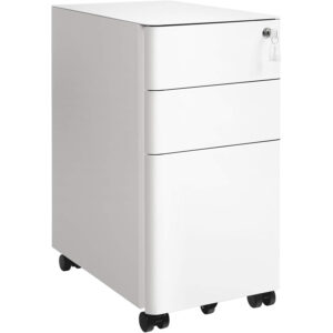 SONGMICS Dulap birou rollbox, cu 3 sertare si roti, corp metalic preasamblat cu incuietoare, pentru documente A4, 46x30x59 cm, alb