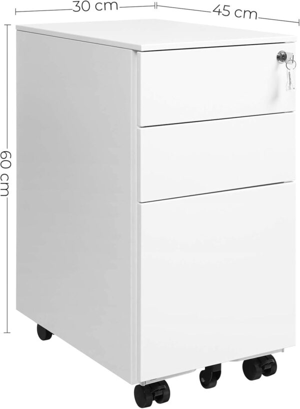 SONGMICS Dulap mobil tip rollbox pentru birouri, 3 sertare pentru documente A4, otel, 30x45x60 cm, alb - imagine 2
