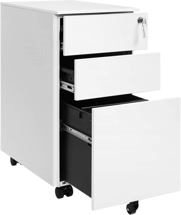 SONGMICS Dulap mobil tip rollbox pentru birouri, 3 sertare pentru documente A4, otel, 30x45x60 cm, alb - imagine 4