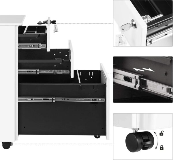 SONGMICS Dulap mobil tip rollbox pentru birouri, 3 sertare pentru documente A4, otel, 30x45x60 cm, alb - imagine 5