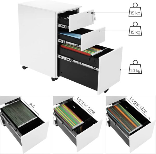 SONGMICS Dulap mobil tip rollbox pentru birouri, 3 sertare pentru documente A4, otel, 30x45x60 cm, alb - imagine 6