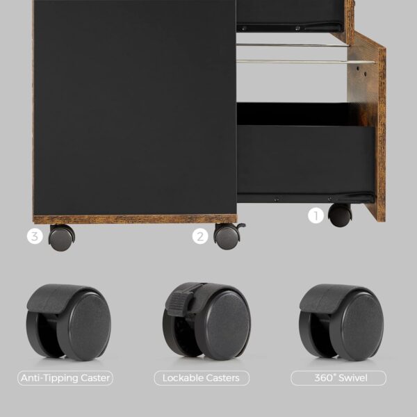 VASAGLE Dulap birou tip rollbox cu 2 sertare pentru documente A4, cu roti, stil industrial, 42x40x70 cm, maro rustic - imagine 2