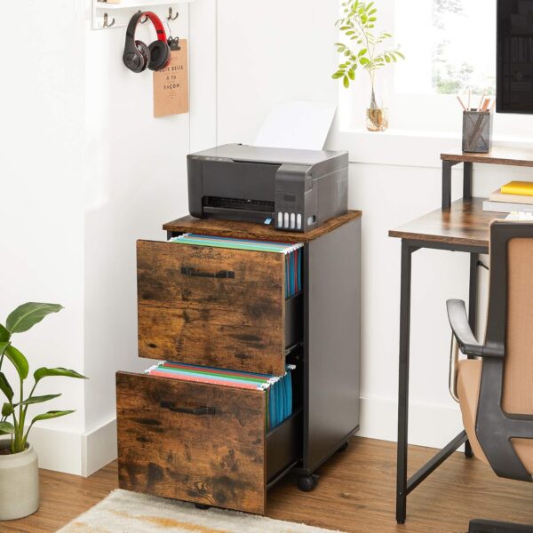 VASAGLE Dulap birou tip rollbox cu 2 sertare pentru documente A4, cu roti, stil industrial, 42x40x70 cm, maro rustic - imagine 7