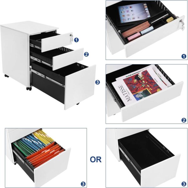 SONGMICS Dulap mobil tip rollbox pentru birouri, din otel, sertar cu sina dosare A4, 39x52x60 cm, alb - imagine 2