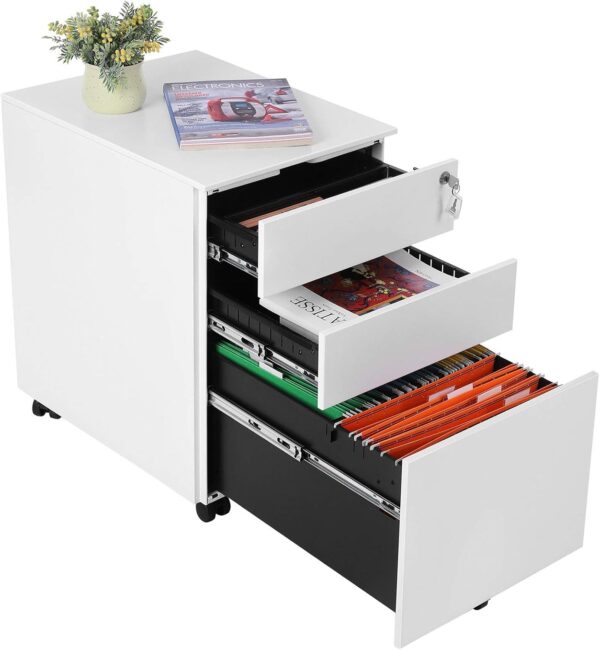 SONGMICS Dulap mobil tip rollbox pentru birouri, din otel, sertar cu sina dosare A4, 39x52x60 cm, alb - imagine 3