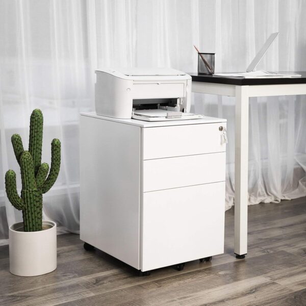 SONGMICS Dulap mobil tip rollbox pentru birouri, din otel, sertar cu sina dosare A4, 39x52x60 cm, alb - imagine 4