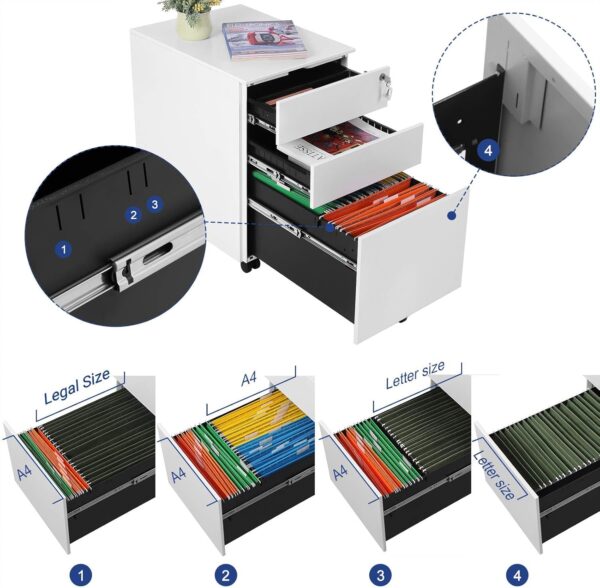SONGMICS Dulap mobil tip rollbox pentru birouri, din otel, sertar cu sina dosare A4, 39x52x60 cm, alb - imagine 5