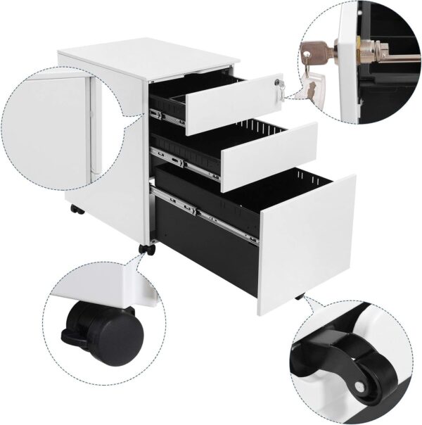 SONGMICS Dulap mobil tip rollbox pentru birouri, din otel, sertar cu sina dosare A4, 39x52x60 cm, alb - imagine 6