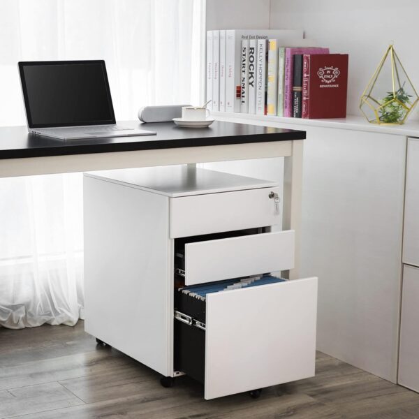 SONGMICS Dulap mobil tip rollbox pentru birouri, din otel, sertar cu sina dosare A4, 39x52x60 cm, alb - imagine 7