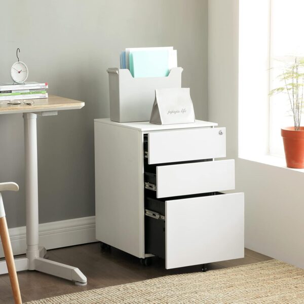 SONGMICS Dulap mobil tip rollbox pentru birouri, din otel, sertar cu sina dosare A4, 39x52x60 cm, alb - imagine 8