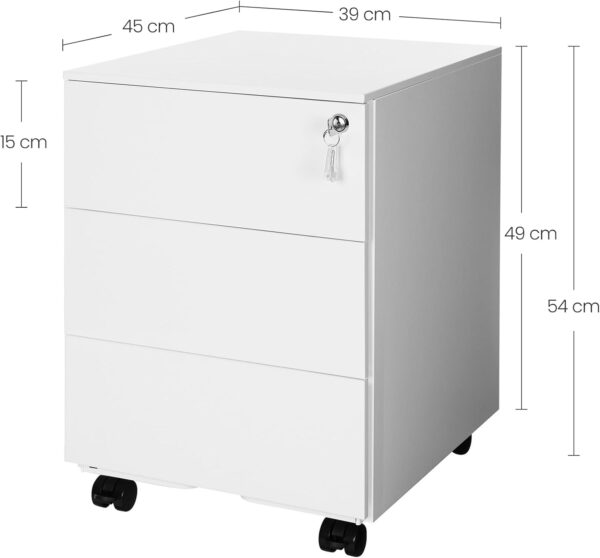 SONGMICS Dulap mobil rollbox pentru birouri, 3 sertare pentru documente, corp pre-asamblat, 45x39x54 cm, alb - imagine 2