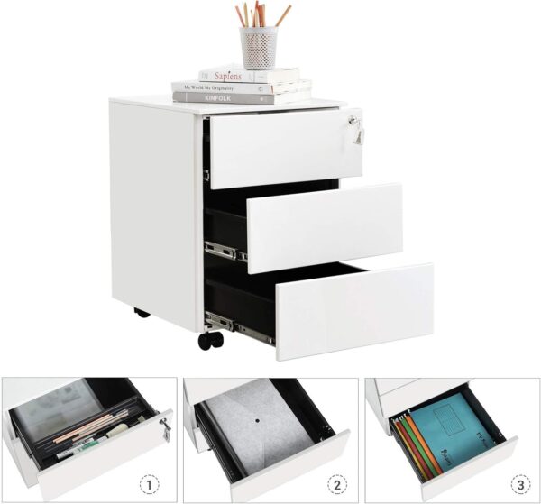 SONGMICS Dulap mobil rollbox pentru birouri, 3 sertare pentru documente, corp pre-asamblat, 45x39x54 cm, alb - imagine 4