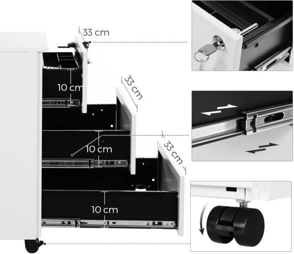 SONGMICS Dulap mobil rollbox pentru birouri, 3 sertare pentru documente, corp pre-asamblat, 45x39x54 cm, alb - imagine 7