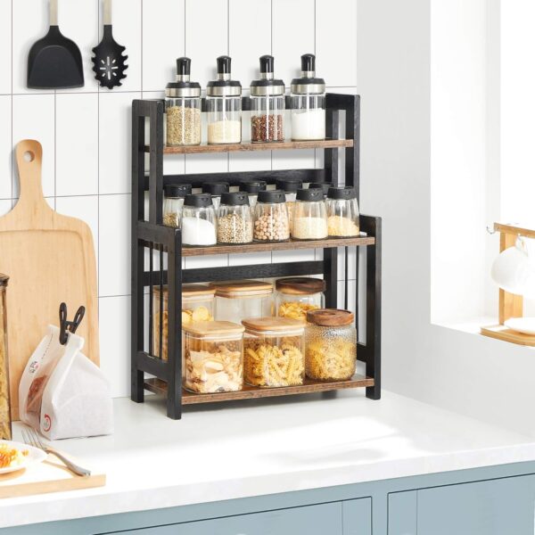 SONGMICS Etajera condimente 3 niveluri, raft bucatarie din bambus si PAL, 41x18x53 cm, maro rustic - imagine 7