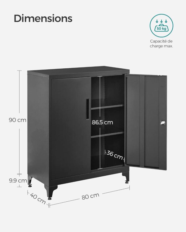 SONGMICS Dulap birou metalic cu 2 usi si sistem de inchidere, multifunctional cu rafturi reglabile, 40x80x90 cm, negru - imagine 3