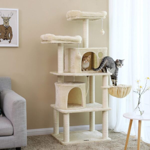 FEANDREA Ansamblu de joaca pentru pisici 152 cm cu stalpi sisal, 2 casute, cos plus si platforme, bej - imagine 9