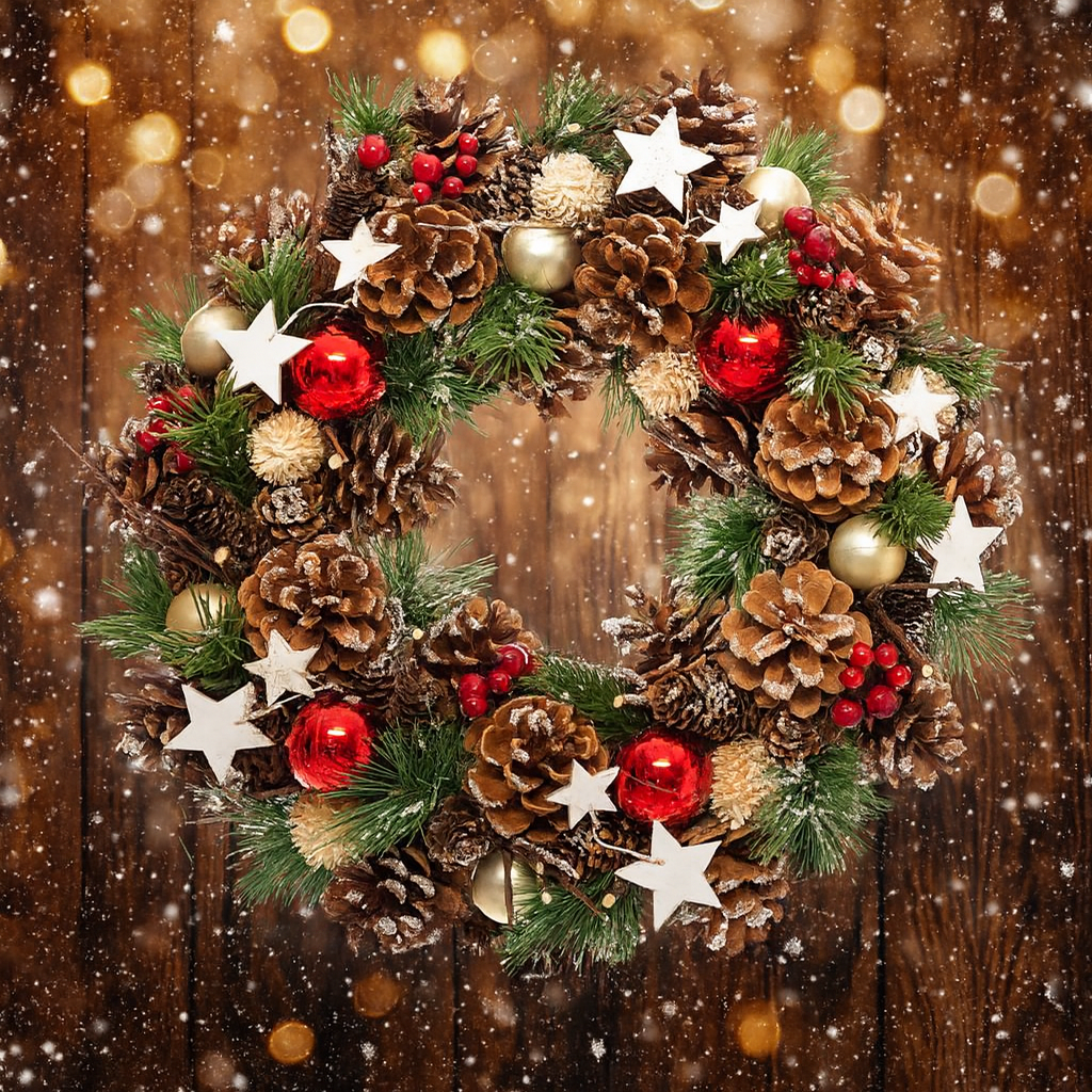 Coronita decorativa cu frunze si conuri, diametru 35 cm, multicolora - imagine 4