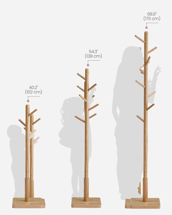 VASAGLE Cuier tip copac din lemn masiv, cu 8 carlige si baza patrata, 30x30x176 cm, bej natural - imagine 2