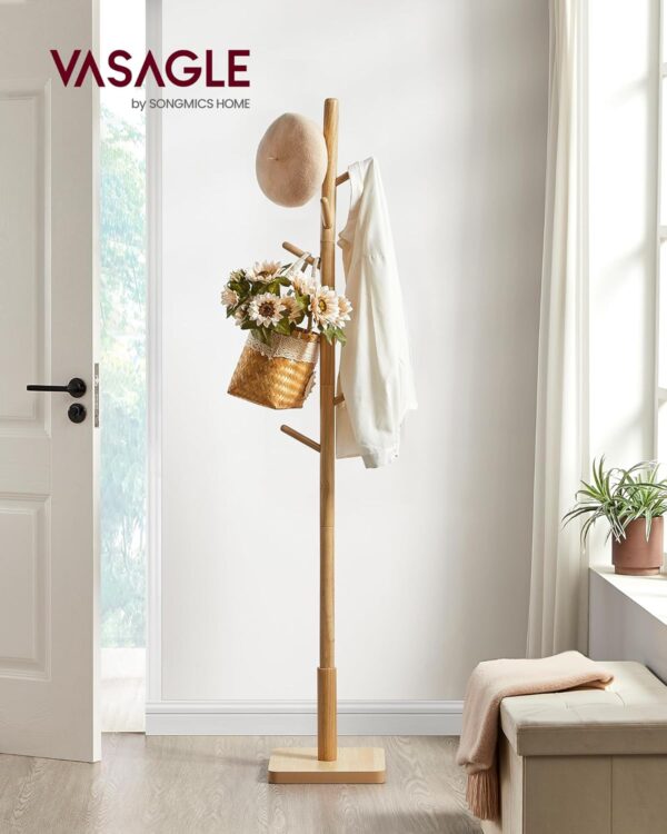 VASAGLE Cuier tip copac din lemn masiv, cu 8 carlige si baza patrata, 30x30x176 cm, bej natural - imagine 3