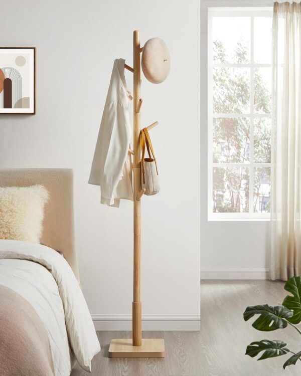 VASAGLE Cuier tip copac din lemn masiv, cu 8 carlige si baza patrata, 30x30x176 cm, bej natural - imagine 4