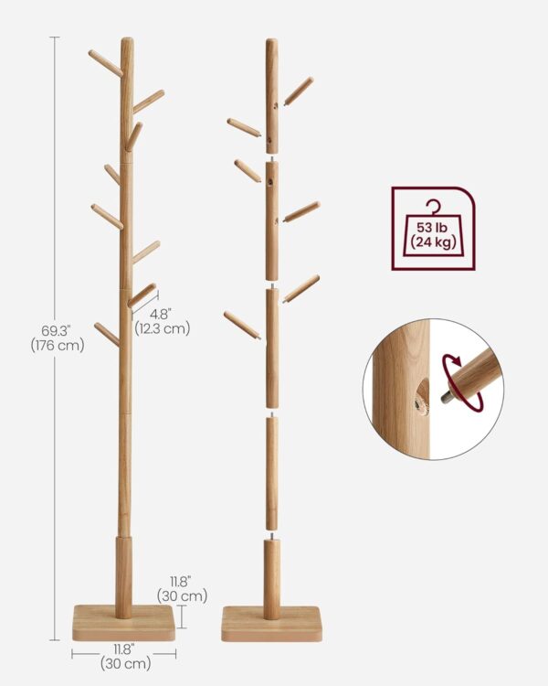 VASAGLE Cuier tip copac din lemn masiv, cu 8 carlige si baza patrata, 30x30x176 cm, bej natural - imagine 5