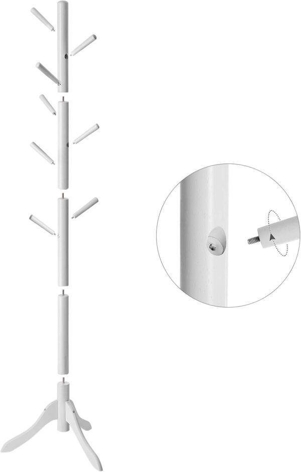 VASAGLE Cuier din lemn masiv, 8 carlige, ajustabil pe 3 inaltimi, design tip copac, 57x175 cm, alb - imagine 2