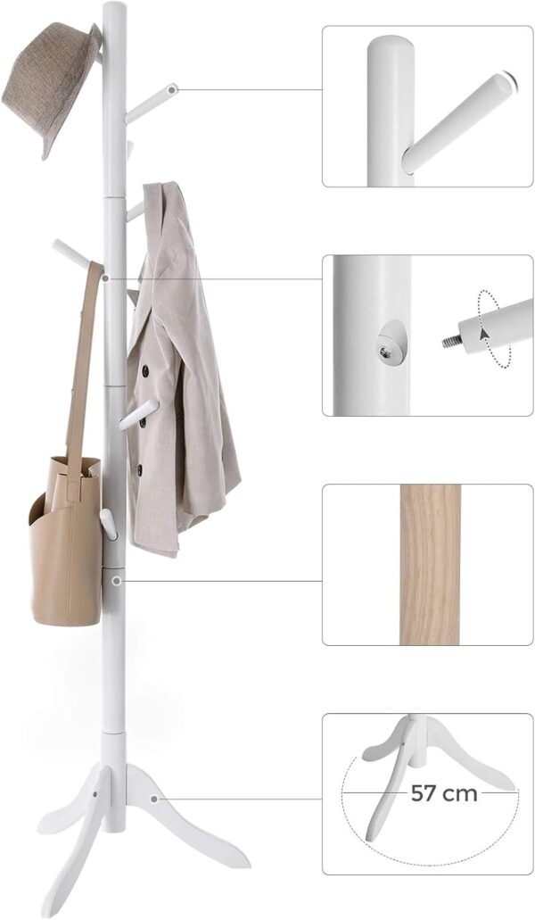 VASAGLE Cuier din lemn masiv, 8 carlige, ajustabil pe 3 inaltimi, design tip copac, 57x175 cm, alb - imagine 3