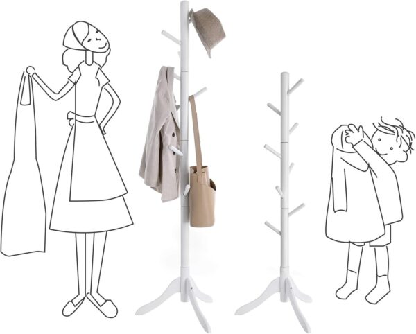VASAGLE Cuier din lemn masiv, 8 carlige, ajustabil pe 3 inaltimi, design tip copac, 57x175 cm, alb - imagine 4