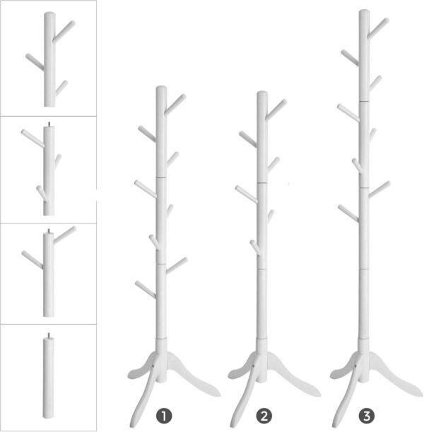 VASAGLE Cuier din lemn masiv, 8 carlige, ajustabil pe 3 inaltimi, design tip copac, 57x175 cm, alb - imagine 5