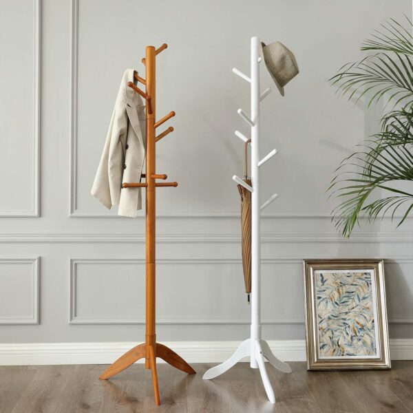 VASAGLE Cuier din lemn masiv, 8 carlige, ajustabil pe 3 inaltimi, design tip copac, 57x175 cm, alb - imagine 6