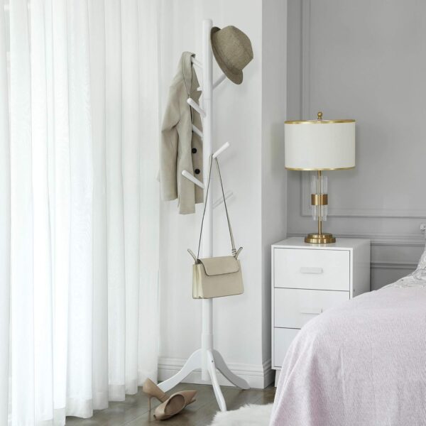 VASAGLE Cuier din lemn masiv, 8 carlige, ajustabil pe 3 inaltimi, design tip copac, 57x175 cm, alb - imagine 7