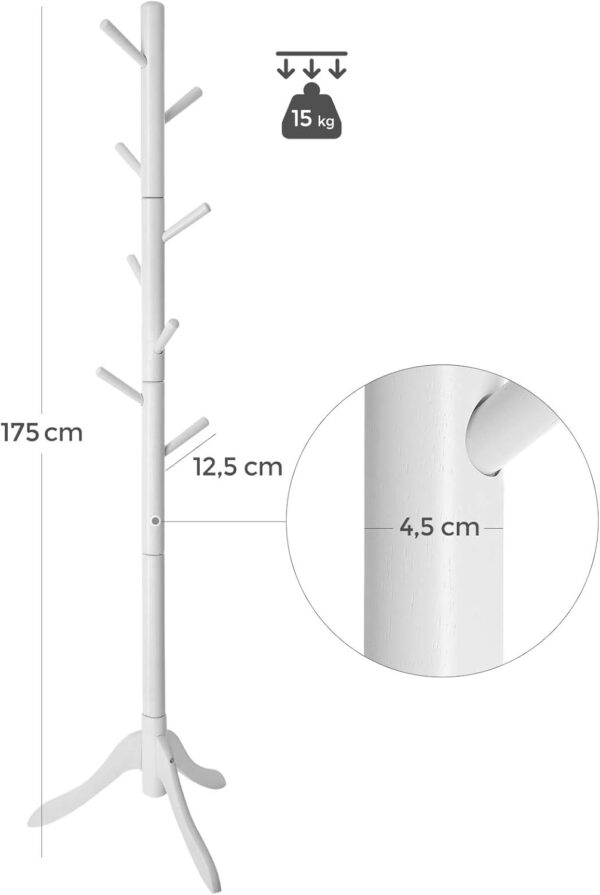 VASAGLE Cuier din lemn masiv, 8 carlige, ajustabil pe 3 inaltimi, design tip copac, 57x175 cm, alb - imagine 9