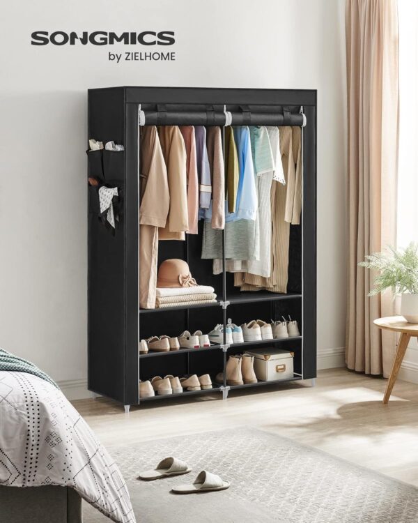 SONGMICS Dulap textil garderoba, 2 compartimente haine cu rafturi, cadru metalic, 127x45x176 cm, negru - imagine 5