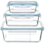 Set 3 caserole din sticla patrate 5Five Clipeat, capac albastru, 2.2L + 800ml + 330ml