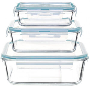 Set 3 caserole din sticla patrate 5Five Clipeat, capac albastru, 2.2L + 800ml + 330ml
