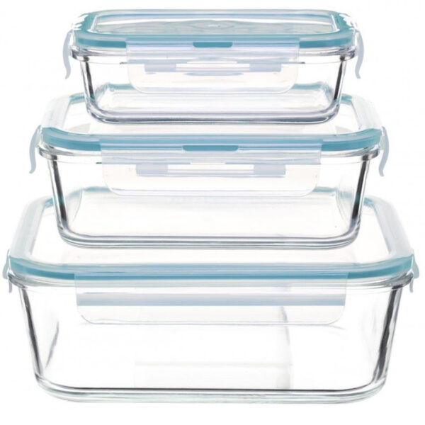 Set 3 caserole din sticla patrate 5Five Clipeat, capac albastru, 2.2L + 800ml + 330ml
