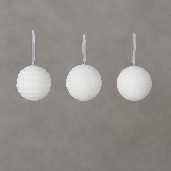 Set 12 globuri Craciun cu sclipici, 3 modele diferite, polistiren, diametru 8 cm, alb - imagine 2